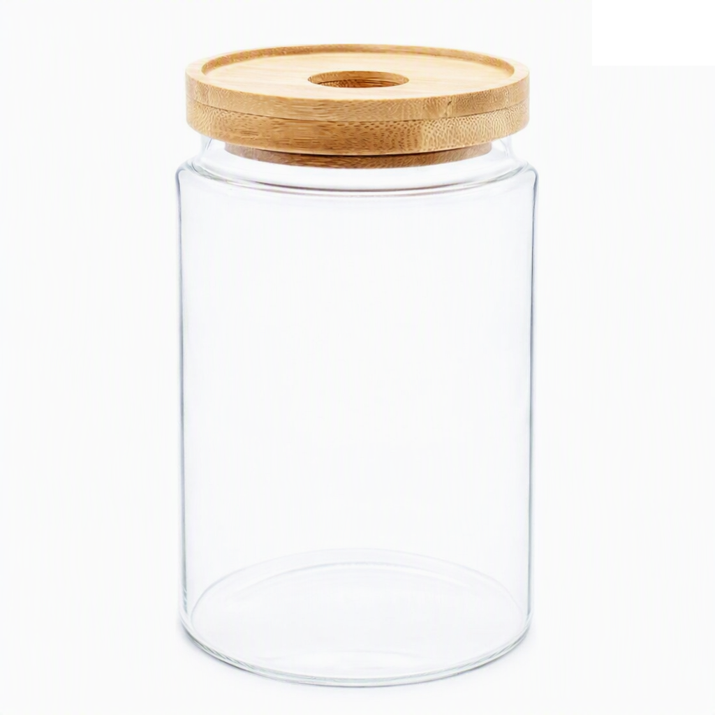 Clear glass storage jar with a round bamboo lid, shown on a plain white background.