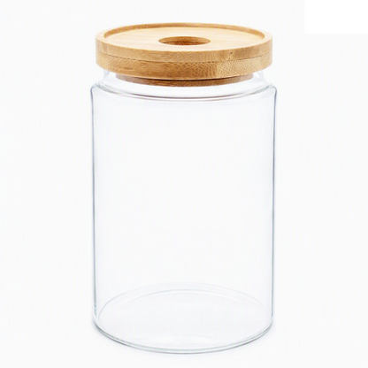 Clear glass storage jar with a round bamboo lid, shown on a plain white background.