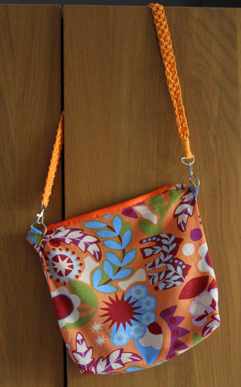Folk Art Linen Tote Bag with Macramé Strap