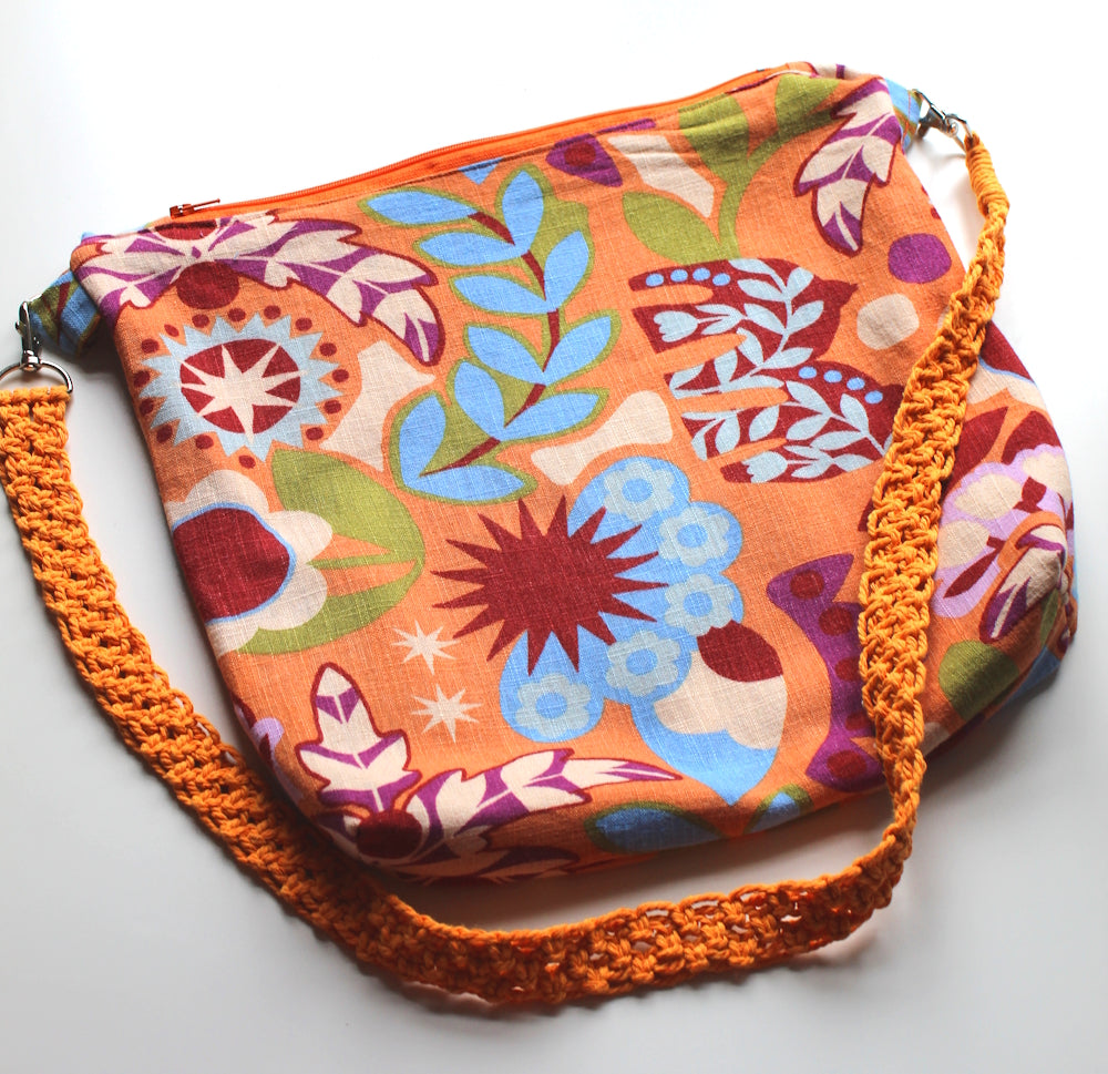 Folk Art Linen Tote Bag with Macramé Strap