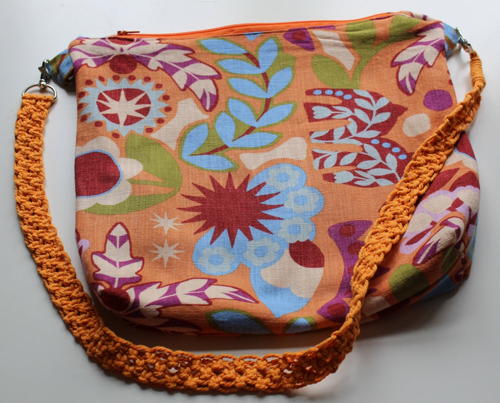 Folk Art Linen Tote Bag with Macramé Strap