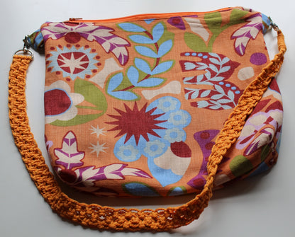 Folk Art Linen Tote Bag with Macramé Strap