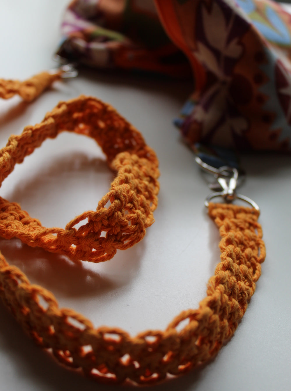 Folk Art Linen Tote Bag with Macramé Strap