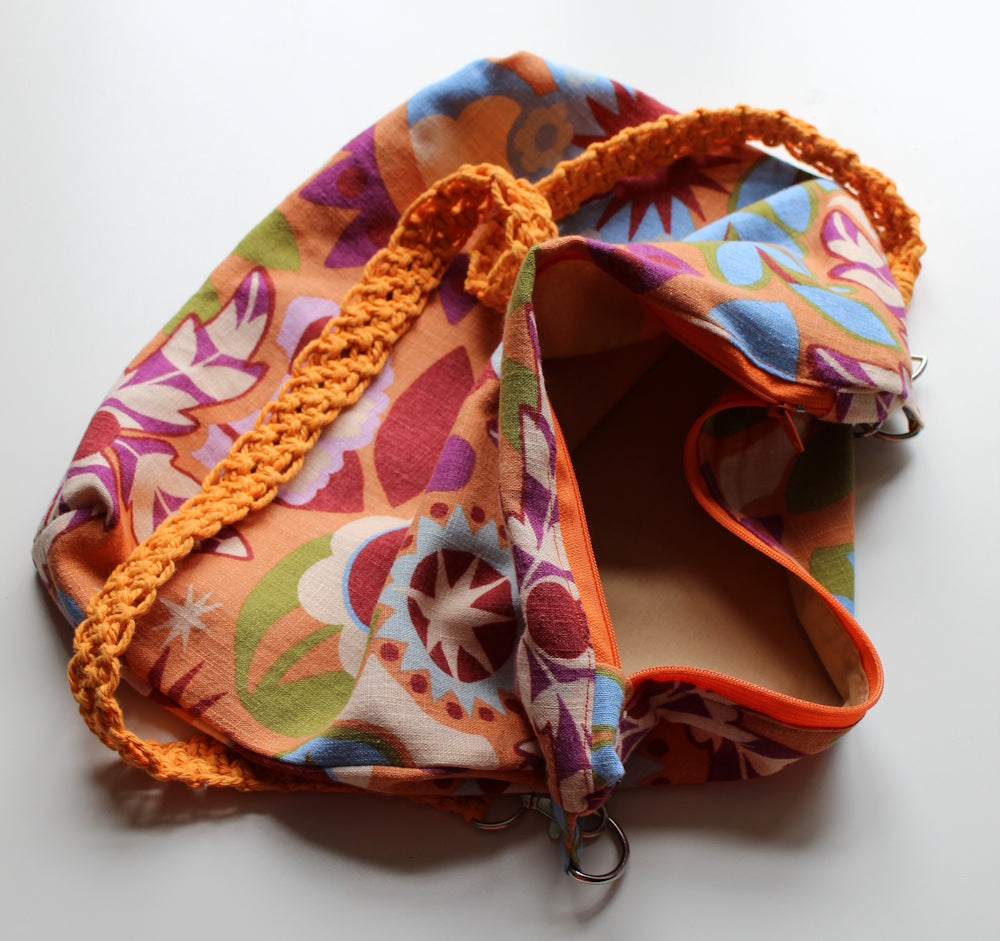 Folk Art Linen Tote Bag with Macramé Strap