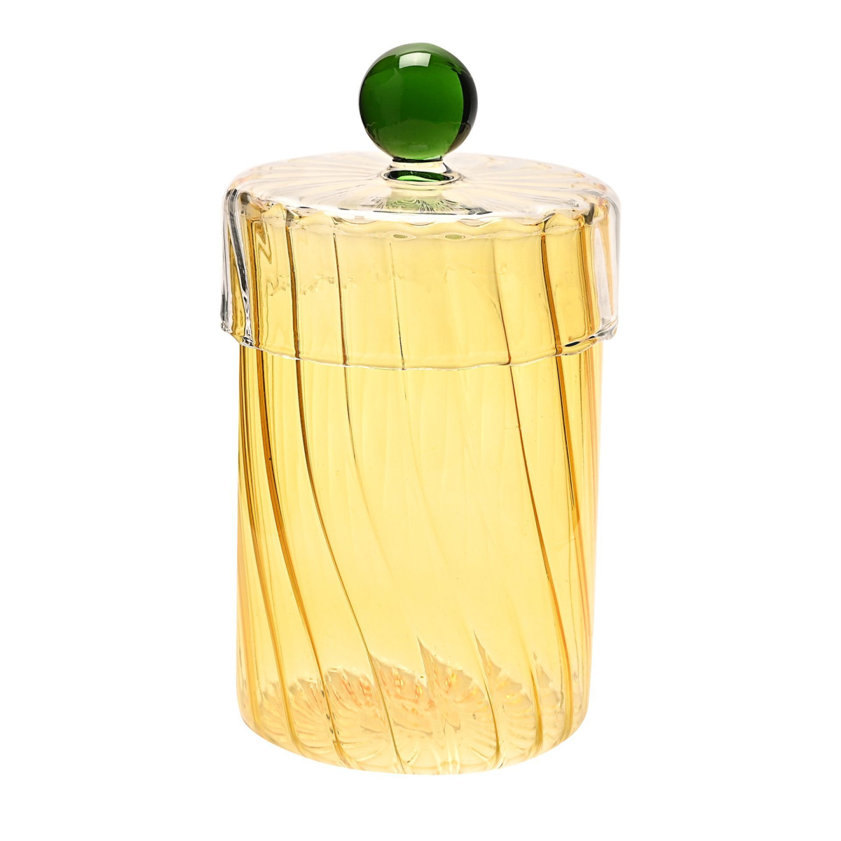 A ribbed Yellow Glass Trinket Box jar with a matching lid featuring a round green glass knob, set against a plain white background.