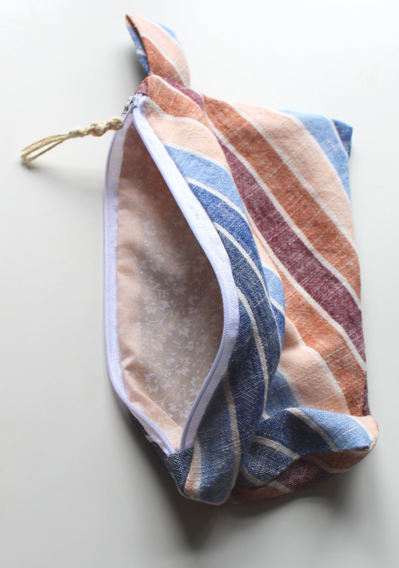 Tidal Stripes  Linen Bag and Pouch Set with Macramé Detailing